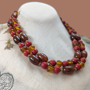 Vintage Multicolor Double Strand Acrylic Bead Necklace Gold Amber Brown 16”